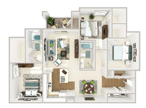 Floor plan for 3 beds, 2 baths, 1273 sqft